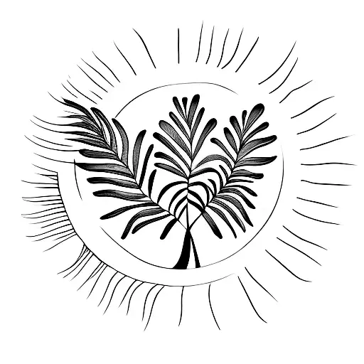A Minimalist Tattoo Of A Sun Setting Behind A Palm Tree With Abstract Patterns