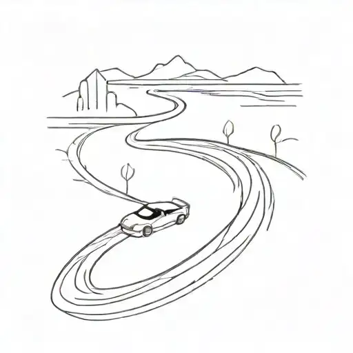 A Minimalist Tattoo Of A Sleek Car Speeding Down A Winding Road