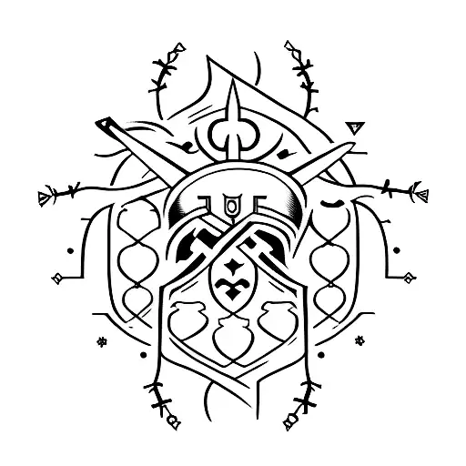 Knife And Crown Of Thorns In The Shape Of A Pacific In A Minimalist Style