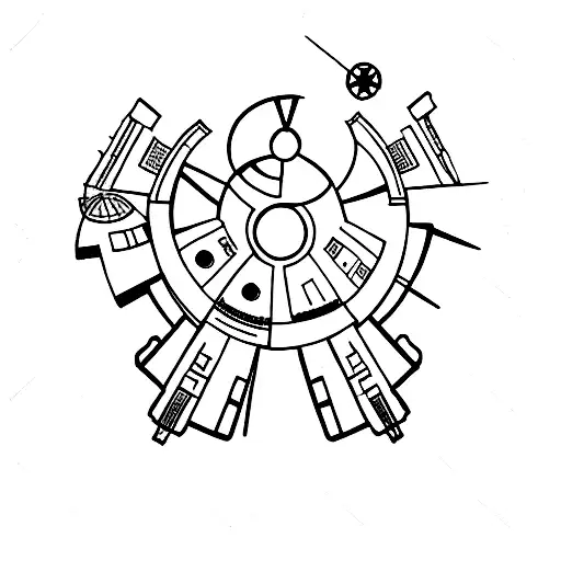 A Minimalist Tattoo Of A Star Wars Spaceship Flying Over Ancient Italian Ruins
