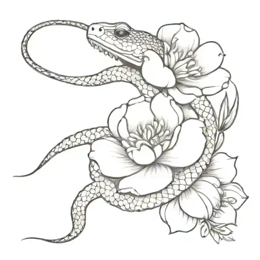A Minimalist Tattoo Of A Snake With Peony Flowers Blooming From Its Scales