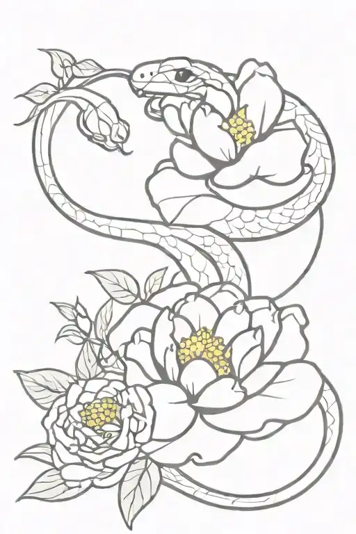 A Minimalist Tattoo Of A Snake With Peony Flowers Blooming From Its Scales