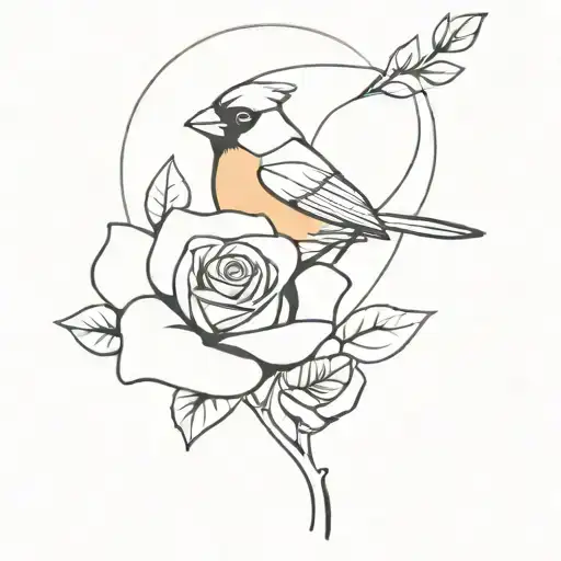 Line Tattoo Red Cardinal Behind Yellow Rose Intertwined