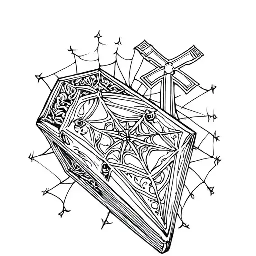 Coffin And Cross With Spiderweb Patterns Surrounding