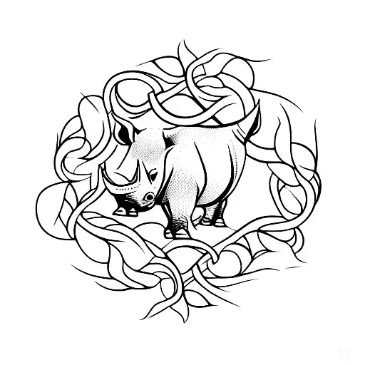 A Graceful Rhinoceros Silhouette Surrounded By A Delicate Vine Pattern