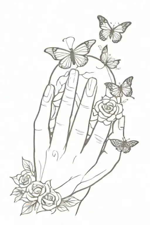 Skull Hand Holding Flowers With Butterflies Flying Away From Flowers
