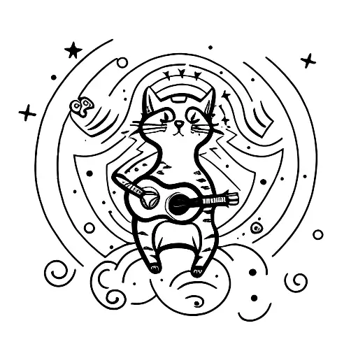 A Tattoo Of A Cat Playing A Ukulele Under A Starry Night Sky