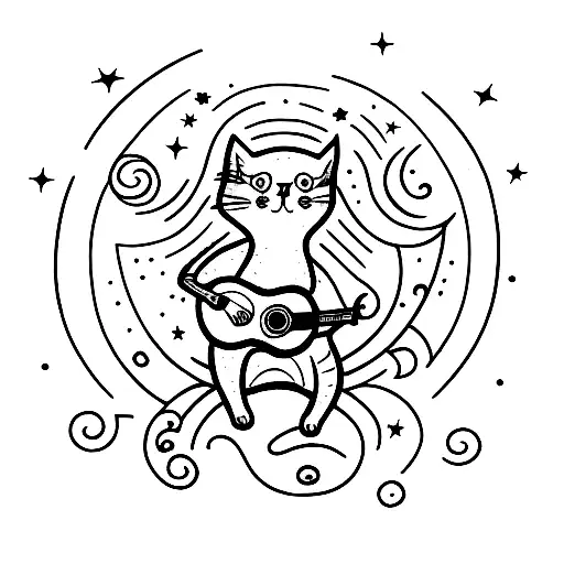 A Tattoo Of A Cat Playing A Ukulele Under A Starry Night Sky