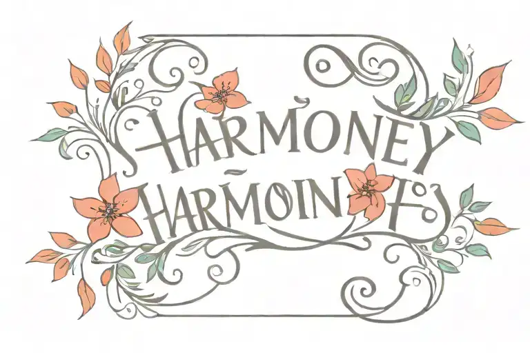 The Word 'Harmoney' Written In Cursive And With Red Flowers Around It