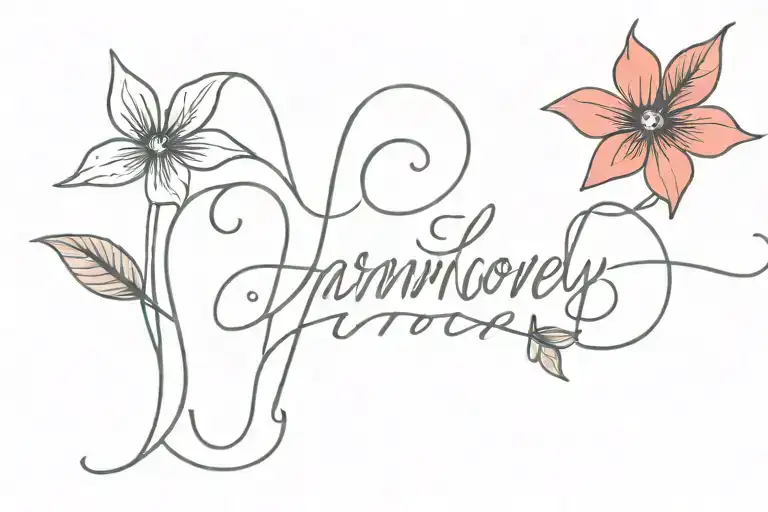 The Word 'Harmoney' Written Once In Cursive With Red Flowers Around It