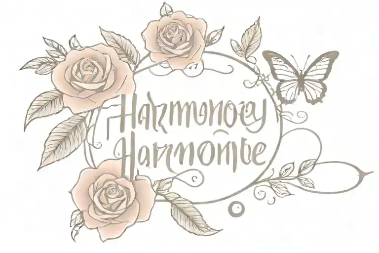 The Word 'Harmoney' Written Once In Cursive With Red Roses And Butterflies Around It