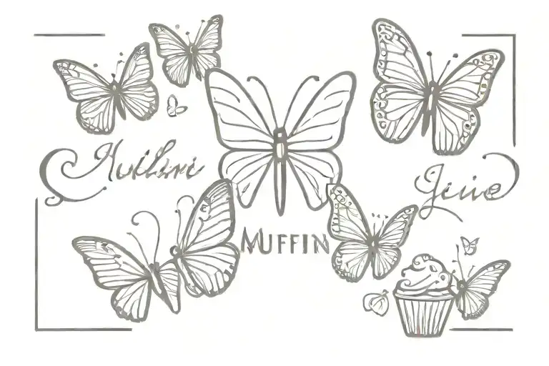 The Word Muffin Written Vertically With Butterlies Around It