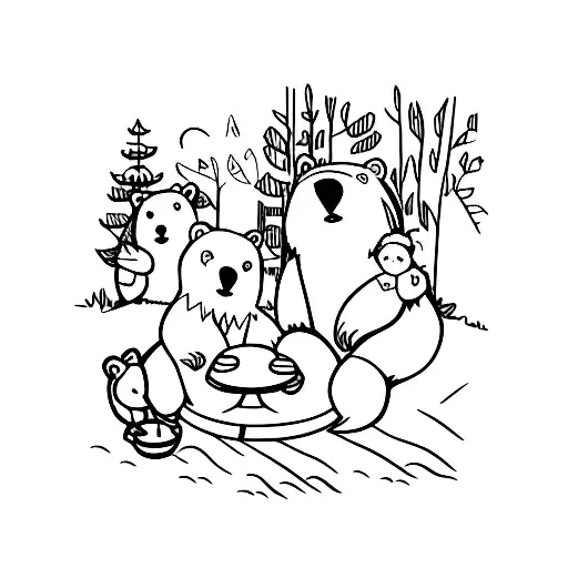 A Bear And Friends Enjoying A Picnic In A Forest