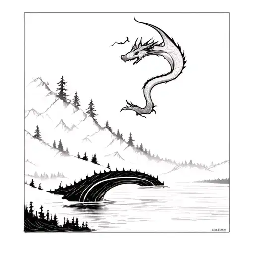Forest Crossed By A River With A Small Dragon Flying