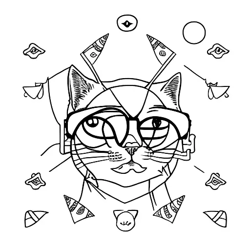 A Minimalist Tattoo Of A Cat Wearing Glasses And Surrounded By Psychology Symbols
