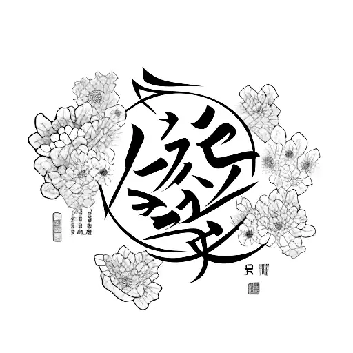 Chinese Calligraphy Of The Word 'Nurse' Surrounded By Delicate Flowers