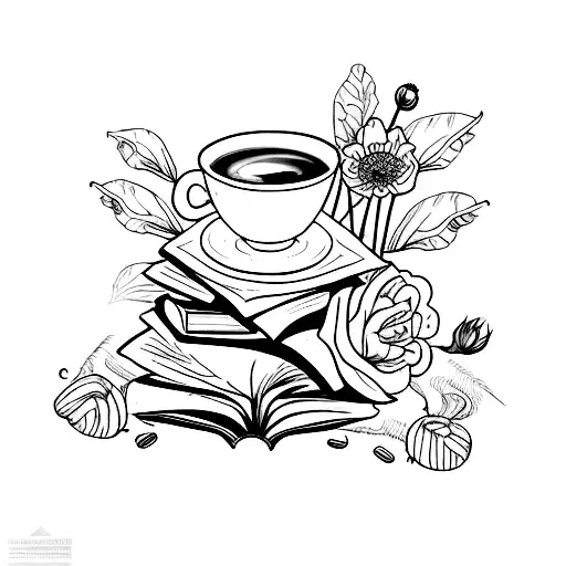 A Bug Pile Of Ancient Books With One Cup Of Coffee And Dome Flowers