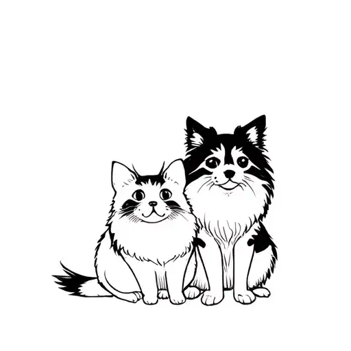 A Black Pomeranian And A Grey British Cat Sit Side By Side