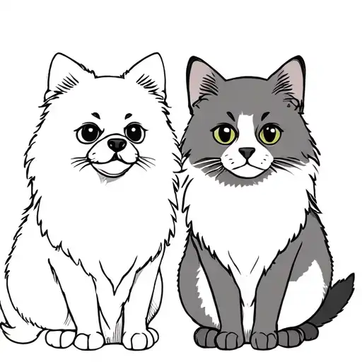 A Black Pomeranian And A Grey British Cat Sit Side By Side