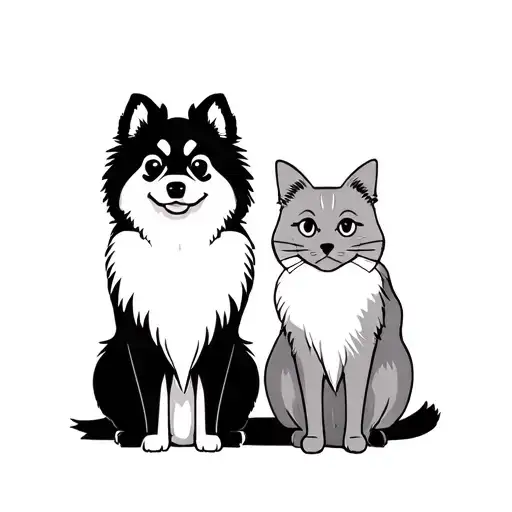 A Black Pomeranian Dog And A Grey British Cat Sit Side By Side