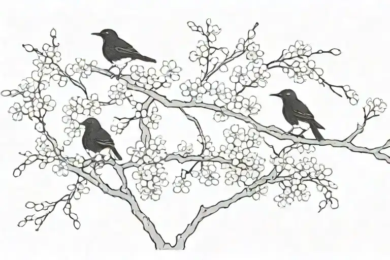 Three Small Black Birds Silhouetted Against A Delicate Cherry Tree Branch With White Blossoms