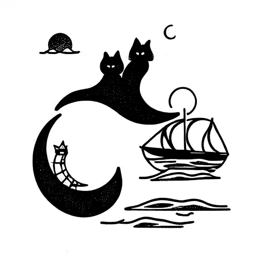 Two Cats Sitting On Boat On The Sea Waves With Moon In Background