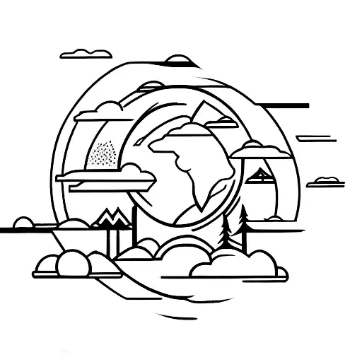 A Minimalist Tattoo Of A Globe Surrounded By Various Natural Elements
