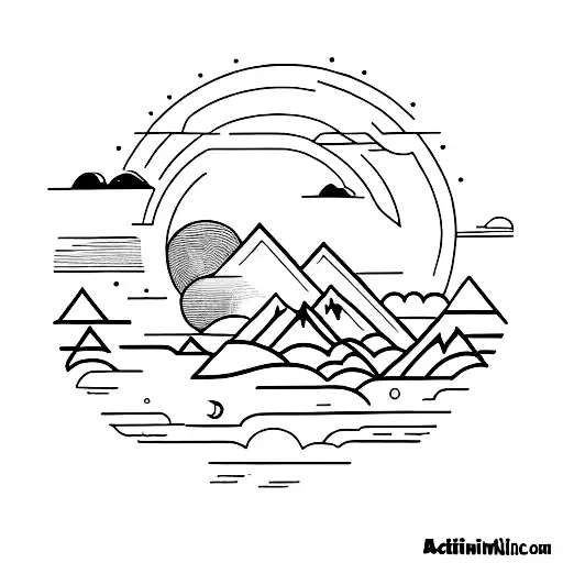 A Lineal Minimalist Tatto With A Sunset And Mountains To 10 Cm