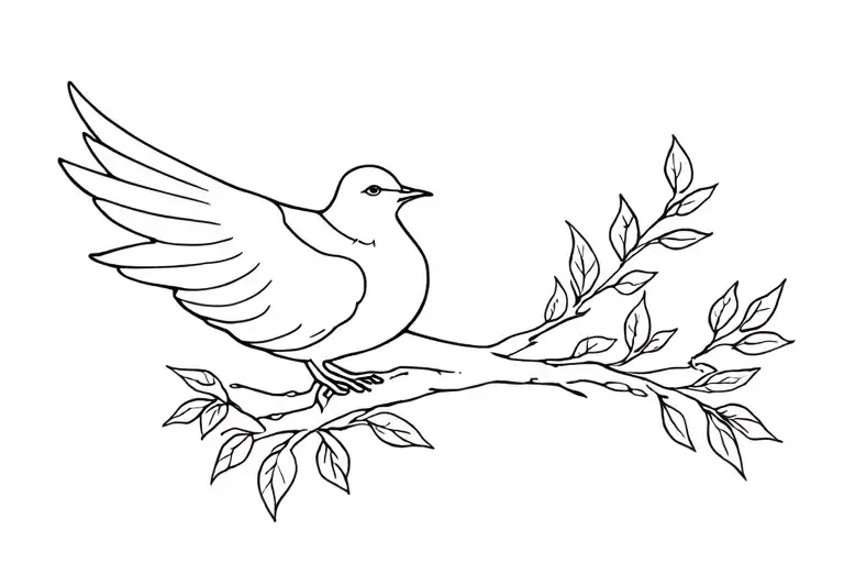 Dove Sitting On Branch With Leaves Looking At Another Dove Flying Away