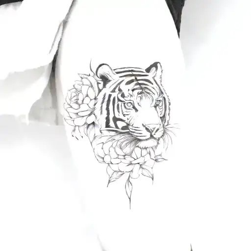 Tiger Body And Peonies Flower