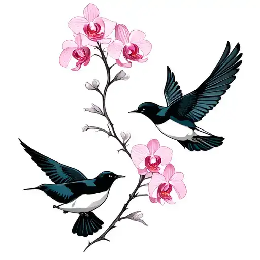 Couple Of Swallow Flying An Looking Each Other And One Of The Birds Has A Orchid