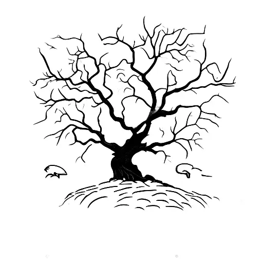 Dead Oak Tree With Raven Perched On Tombstone Under Tree