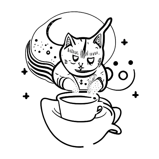 A Minimalist Tattoo Of A Cat Drinking Coffee Under A Crescent Moon