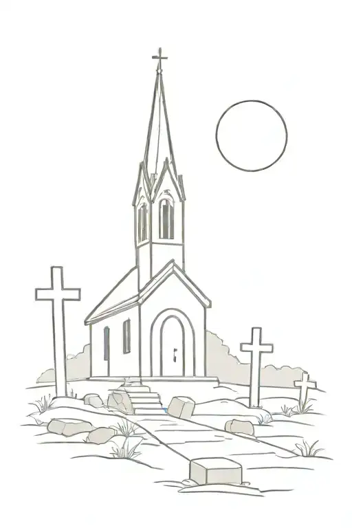 Graveyard With Church And Headstone Simple Line Drawing