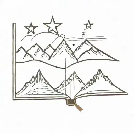 Three Mountain Peaks Sat On Top Of An Open Book With Three Stars Above The Mountains