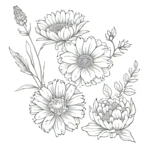 Roman Numeral Three With A Calendula Flower And An Aster Flower And A Carnation Flower