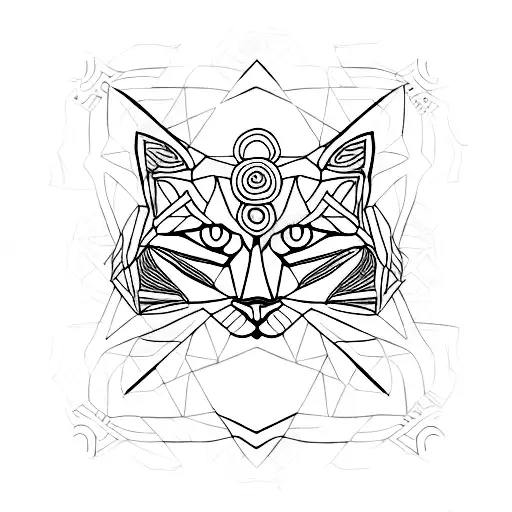 A Minimalist Geometric Design Of A Cat's Face Combined With The Sanskrit Word 'Om'