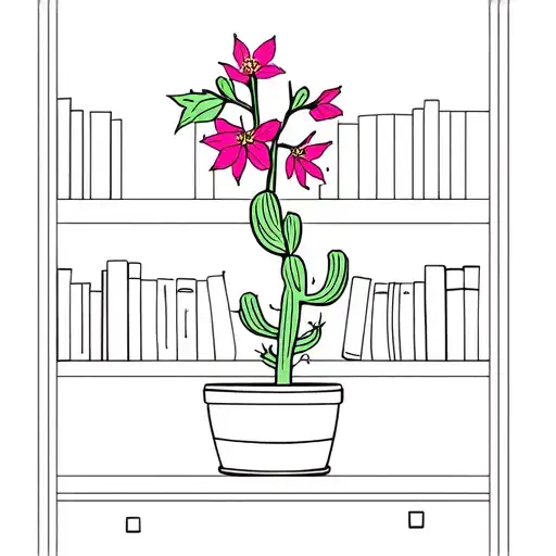 Blossomed Christmas Cactus On A Shelf Filled With Books