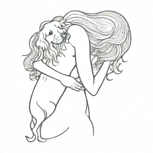 Woman With Long Wavy Hair Hugging A Dog From The Back