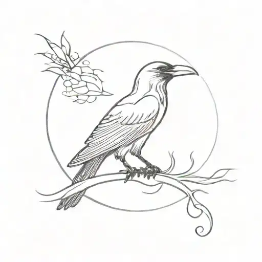 A Minimalist Design Featuring A Raven Perched On A Crescent Moon