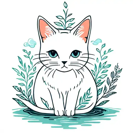 A Cat Tatto With Plants And Some Type Of Water Element