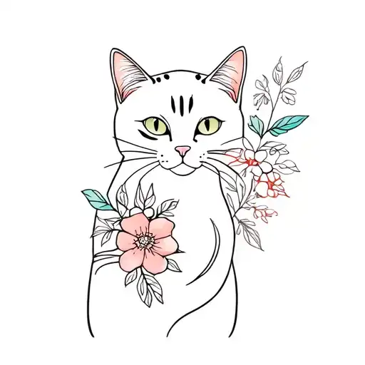 A Cat Tatto With Flowers And Plants