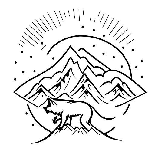 A Minimalist Tattoo Of A Wolf Howling At The Moon In A Mountainous Landscape