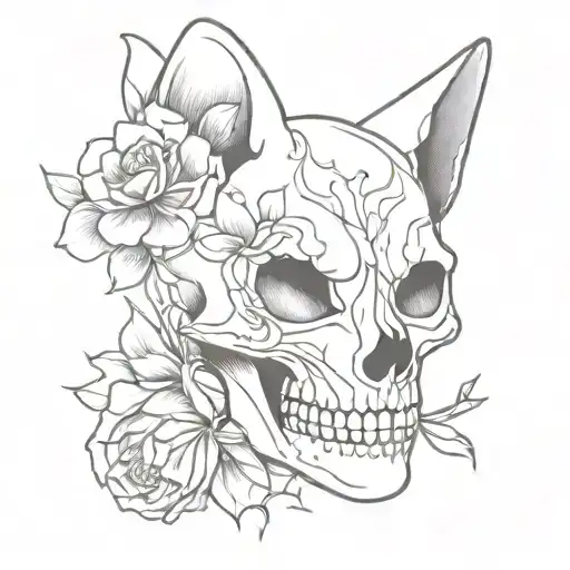 Cat Skull With Flowers Intertwined