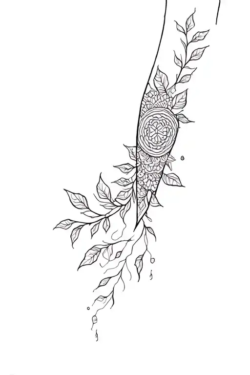 Forearm Mandala Broken Into Sections Up The Arm With Vine Of Leaves Between The Sections