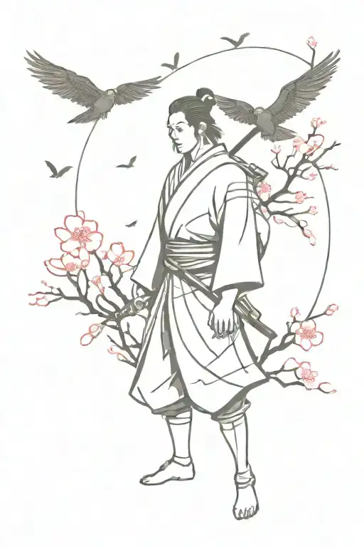 Samurai Warrior With Ravens Flying And Sakura Trees