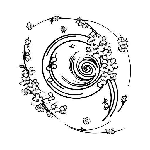 Cherry Blossom Laying On Simple Crescent Moon With Petals Flying