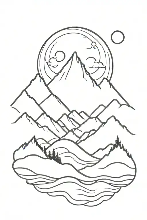 Sunset Behind Mountains With A Moon And Waves On The Bottom Of The Mountains