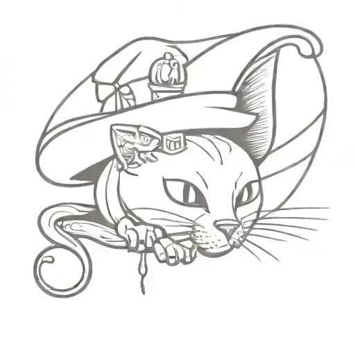 Small Cartoon Cat On A Skull Wearing A Witch Hat