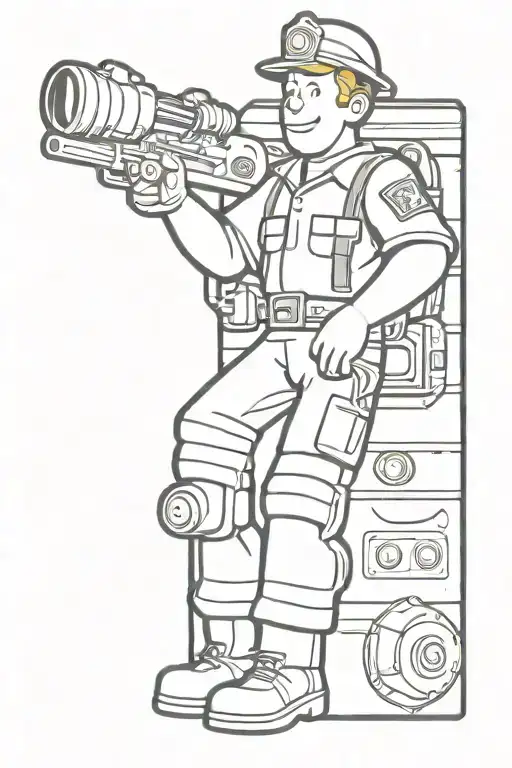 Fallout 4 Vault Boy Dressed As A Firefighter Riding On A Vault Tec Van That Looks Like A Fire Truck